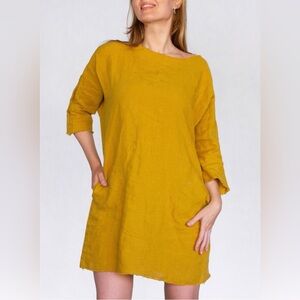 Bryn Walker Marigold Mustard Yellow Linen Tunic Lagenlook Shift Dress Pockets M